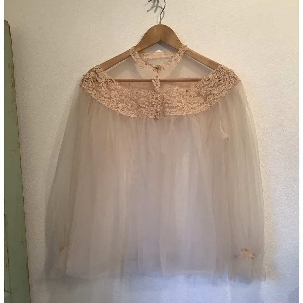 Womens Vtg Blush Pink Bed Jacket Tulle Puff Sleeve Lace Babydoll Top Fantasy M